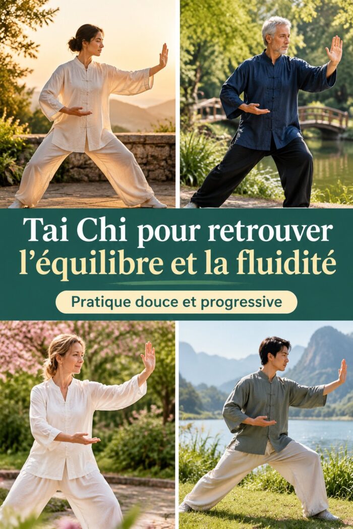 Personnes âgées pratiquant le Tai Chi dans un parc, favorisant équilibre et fluidité.